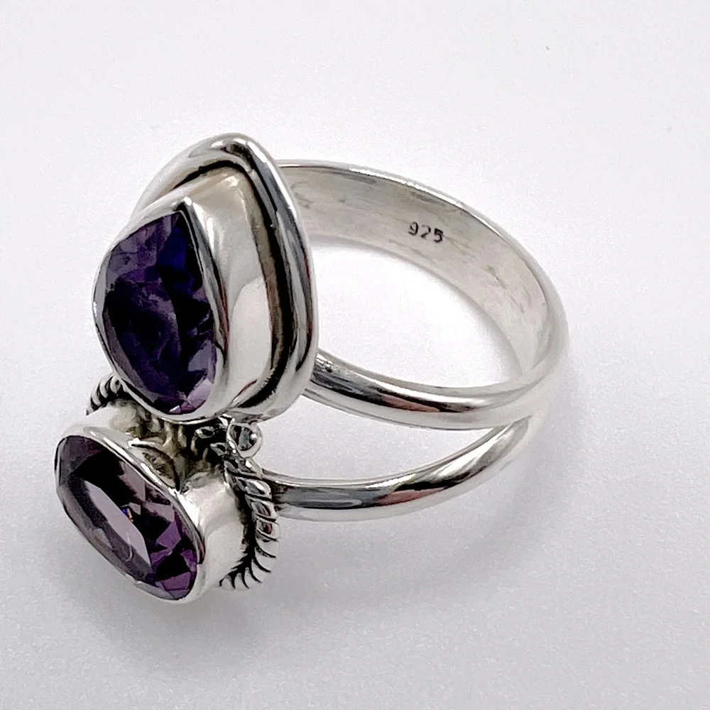 Genuine Faceted Amethyst Oval & Tear Drop .925 Sterling Silver Ring - Picture 9 of 17
